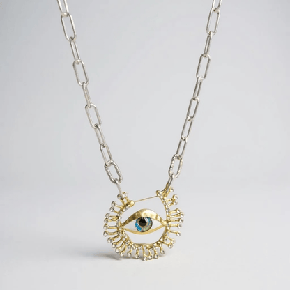 Bright Eyes Evil Eye Sterling Silver Statement Brooch Necklace - Brooch