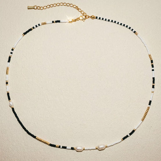 El Mariachi Beaded Black Gold and Pearl Necklace - 