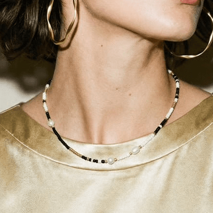 El Mariachi Beaded Black Gold and Pearl Necklace - 