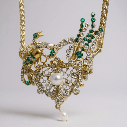 Emerald Green Heart Bespoke Statement Gold Necklace and Brooch - 