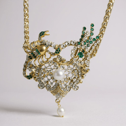 Emerald Green Heart Bespoke Statement Gold Necklace and Brooch - 
