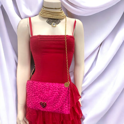 Envelope Woven Heart Cross Body / Clutch Bag Hot Pink-