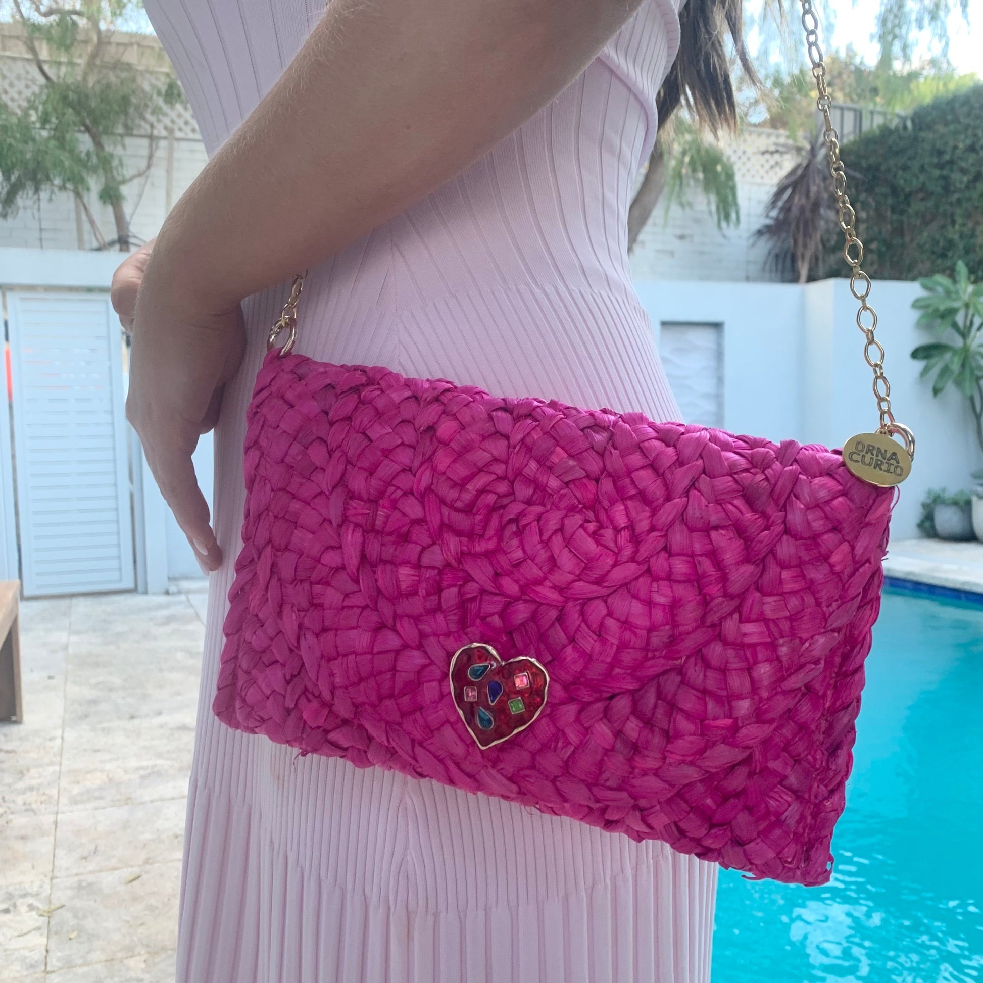 Envelope Woven Heart Cross Body / Clutch Bag Hot Pink-