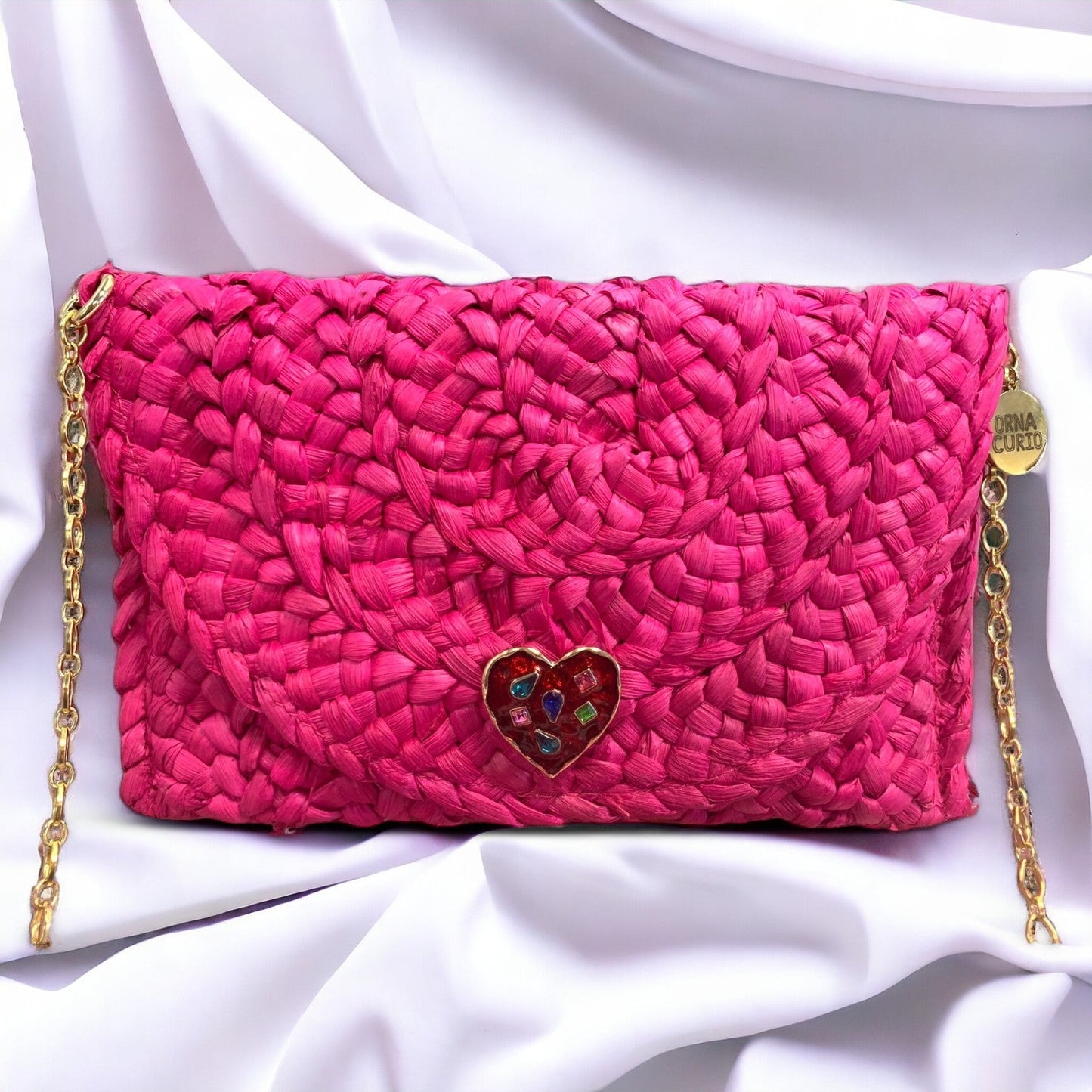 Envelope Woven Heart Cross Body / Clutch Bag Hot Pink-