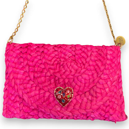 Envelope Woven Heart Cross Body / Clutch Bag Hot Pink-