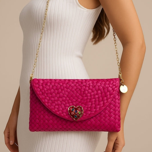Envelope Woven Heart Cross Body / Clutch Bag Hot Pink - 