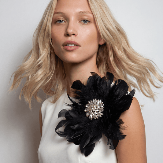 Feathers Black and Diamante Statement Brooch - Brooch