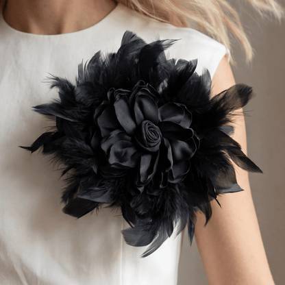 Feathers Black Statement Rose Brooch - Brooch