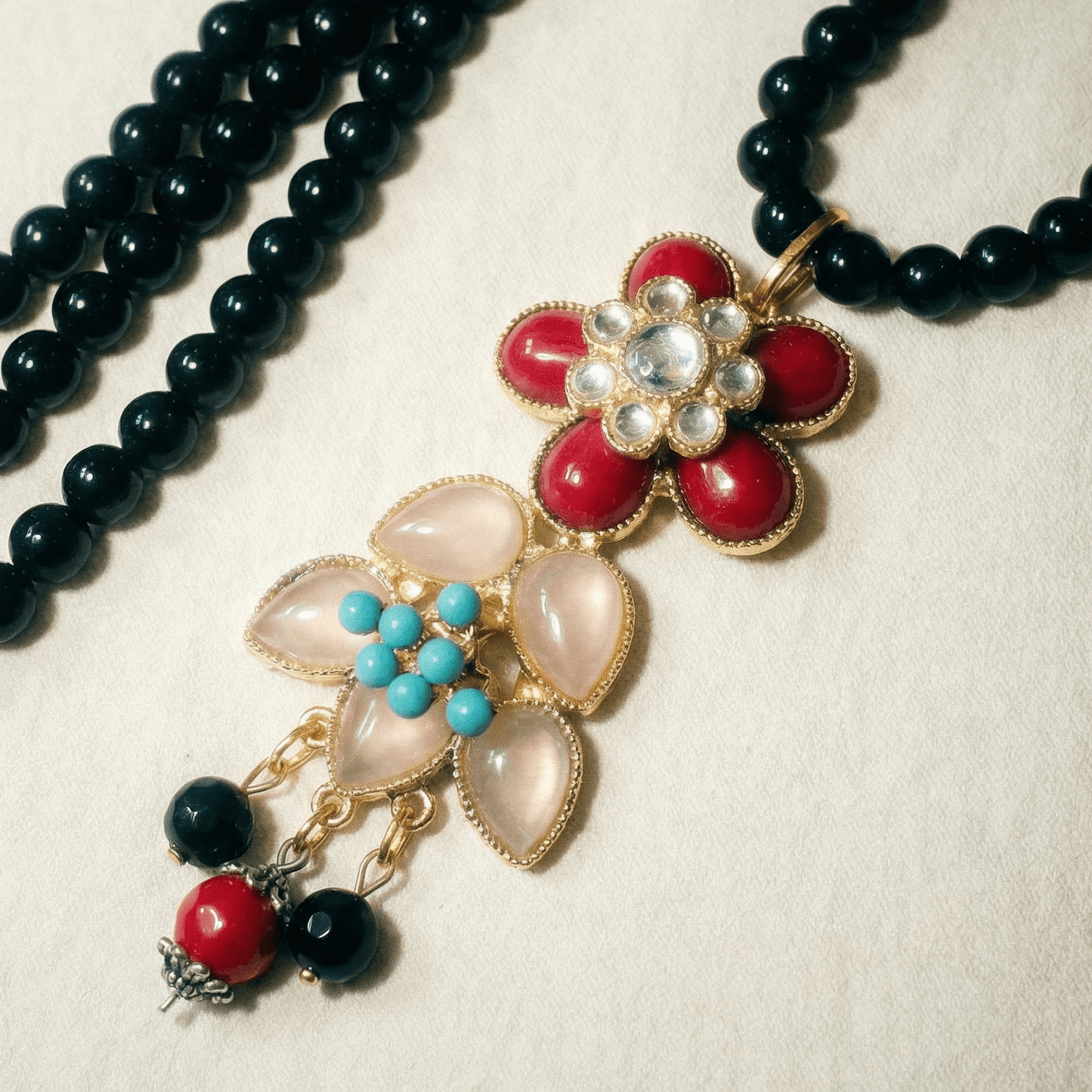 Floral Pop and Black Statement Vintage Pendant Necklace - Necklace