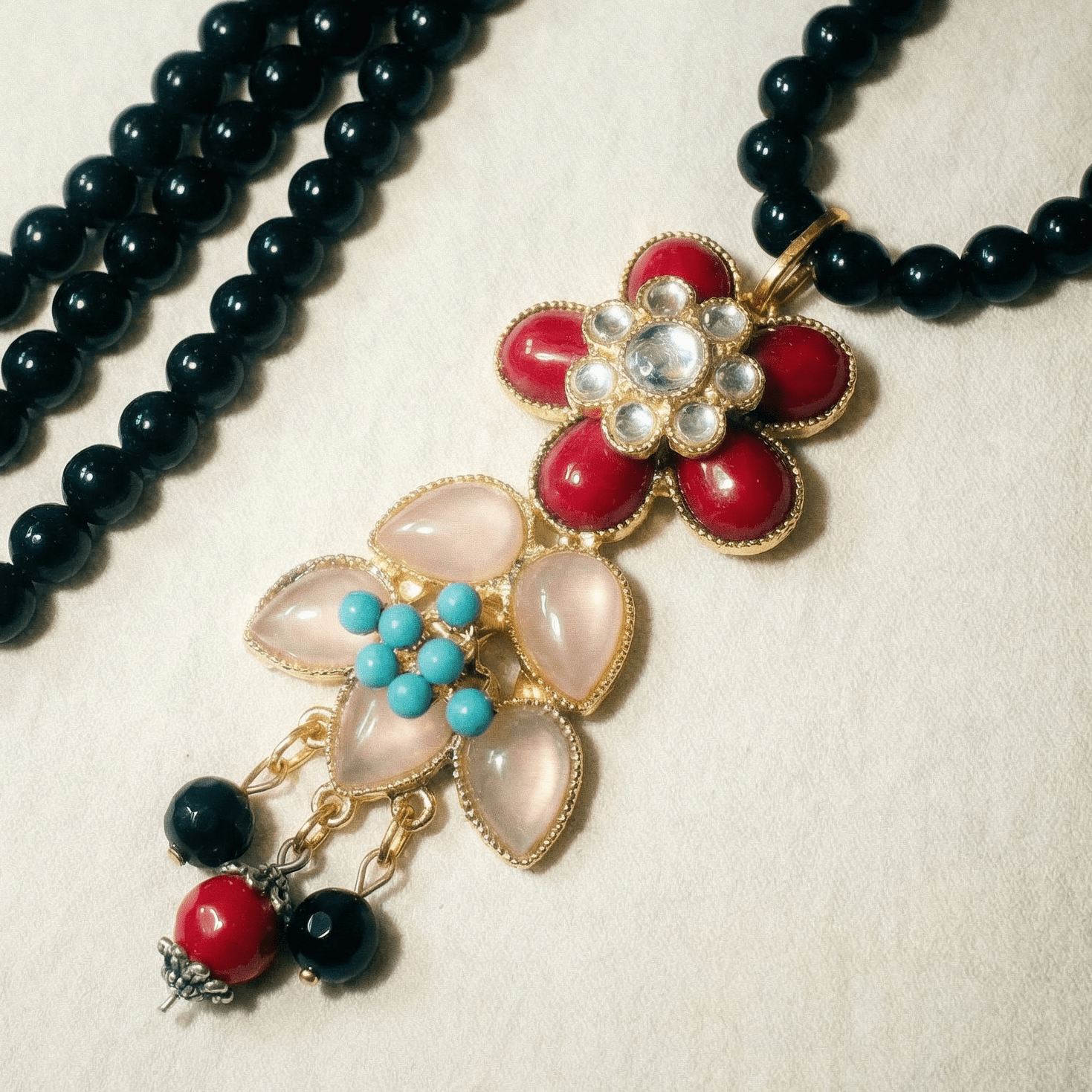 Floral Pop and Black Statement Vintage Pendant Necklace - Necklace