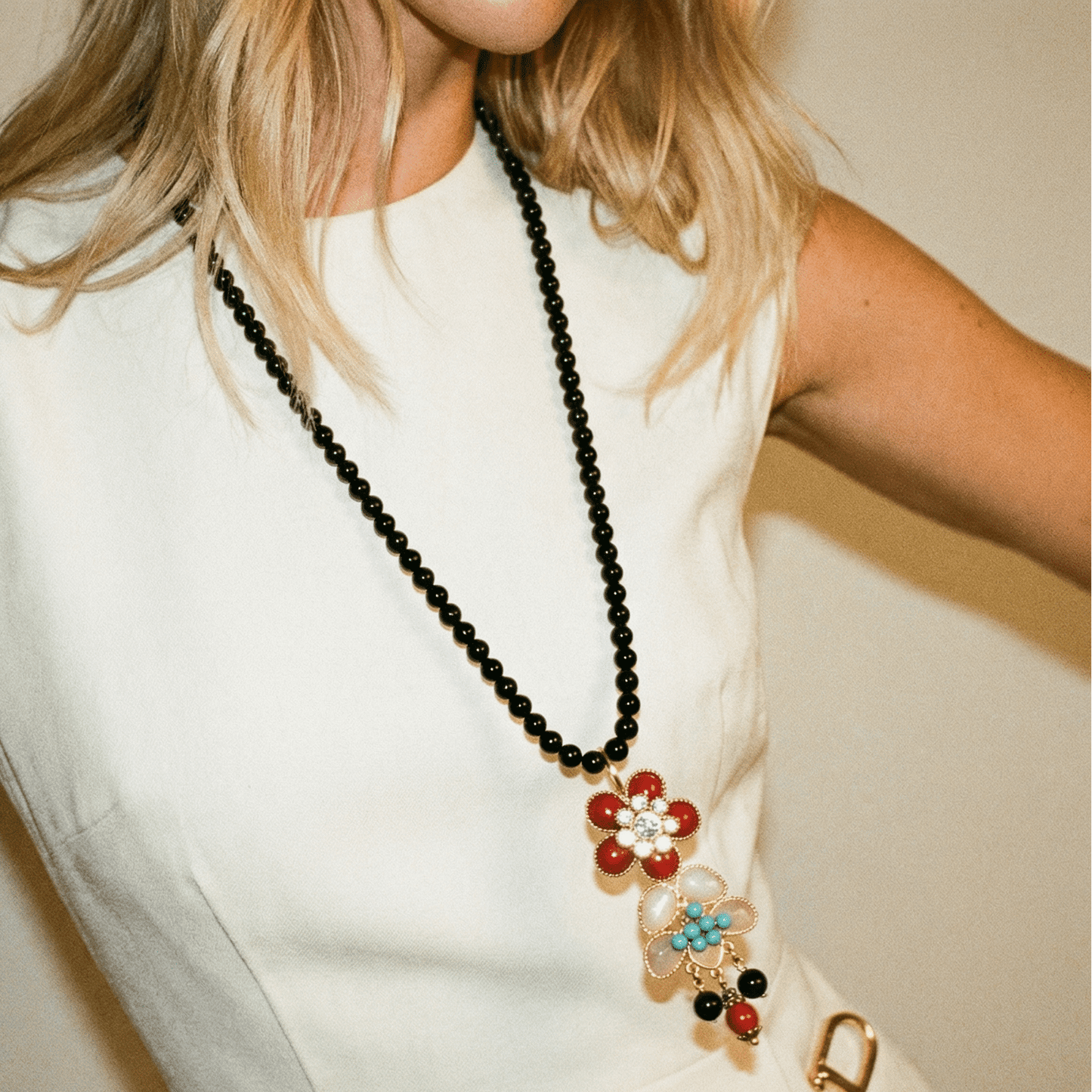 Floral Pop and Black Statement Vintage Pendant Necklace - Necklace