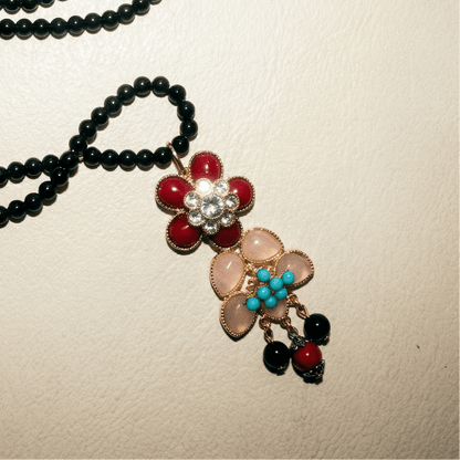 Floral Pop and Black Statement Vintage Pendant Necklace - Necklace