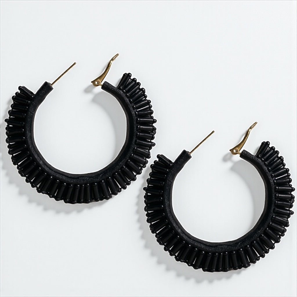 Frou Frou Classic Black Beaded Statement Earrings - 