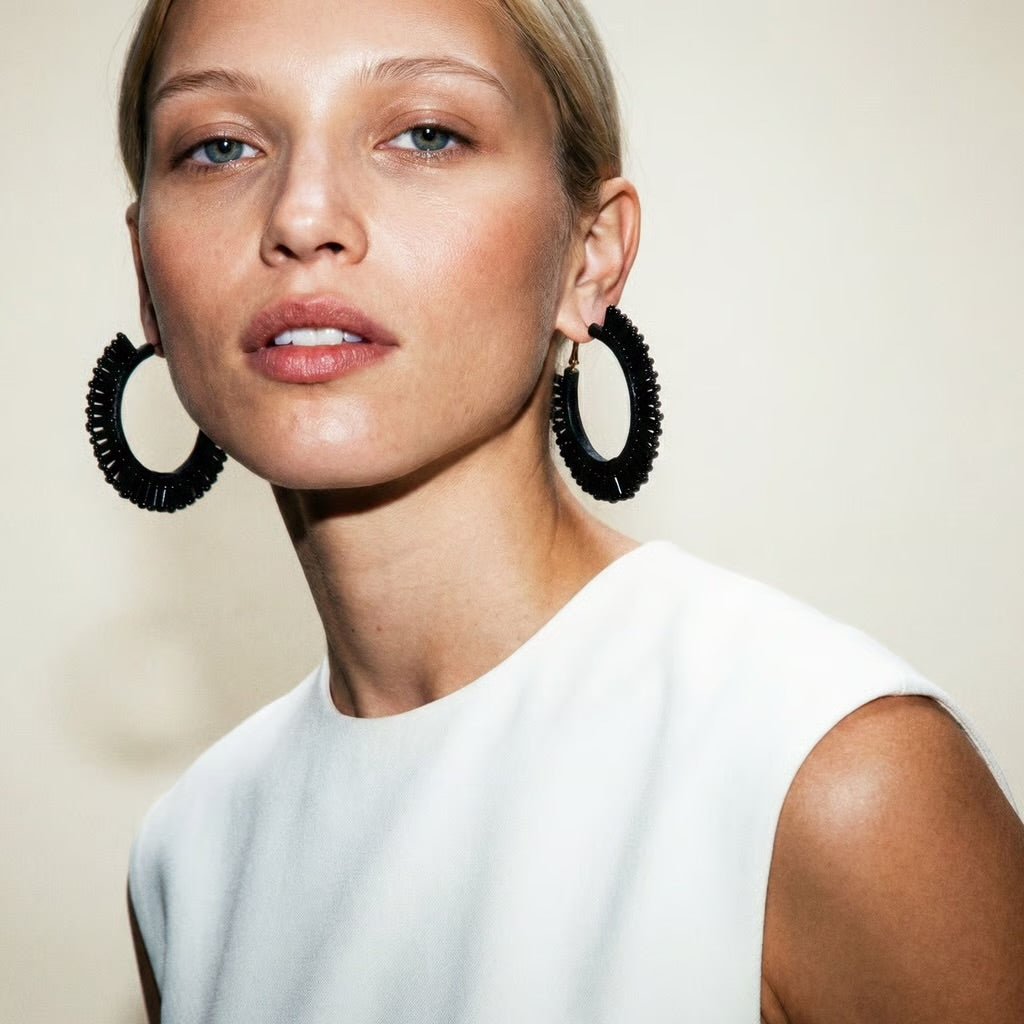 Frou Frou Classic Black Beaded Statement Earrings - 