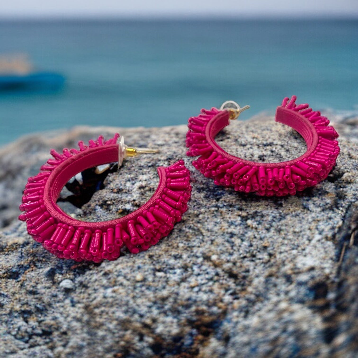 Frou Frou Hot Pink Beaded Hoop Earrings-