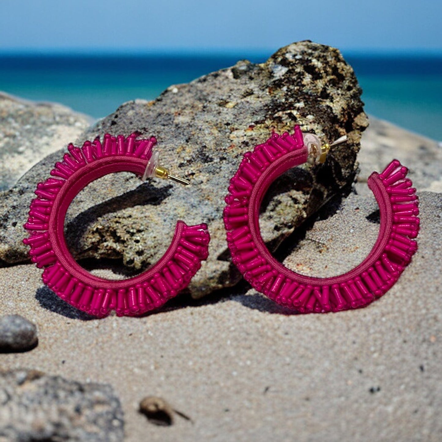 Frou Frou Hot Pink Beaded Hoop Earrings-