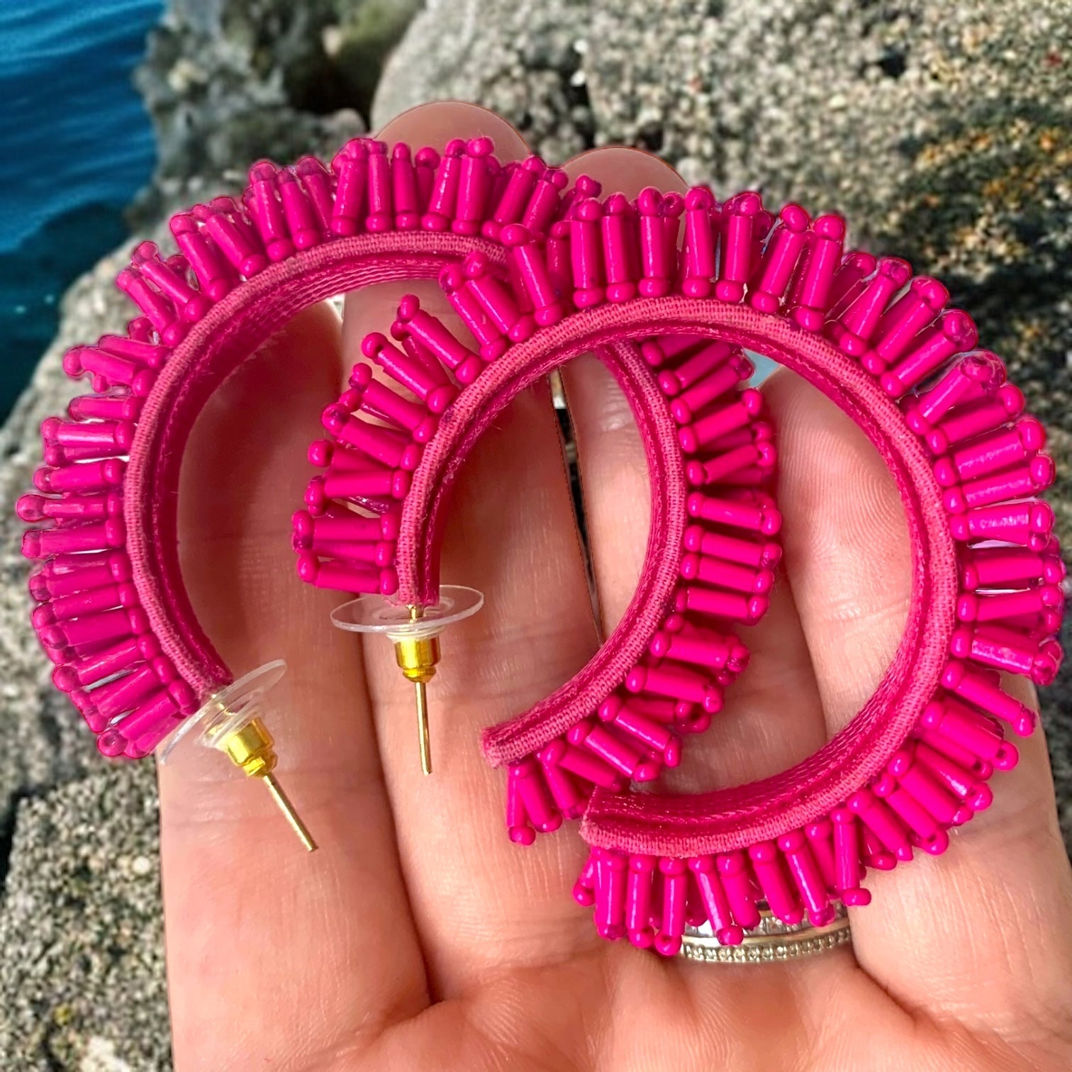 Frou Frou Hot Pink Beaded Hoop Earrings-