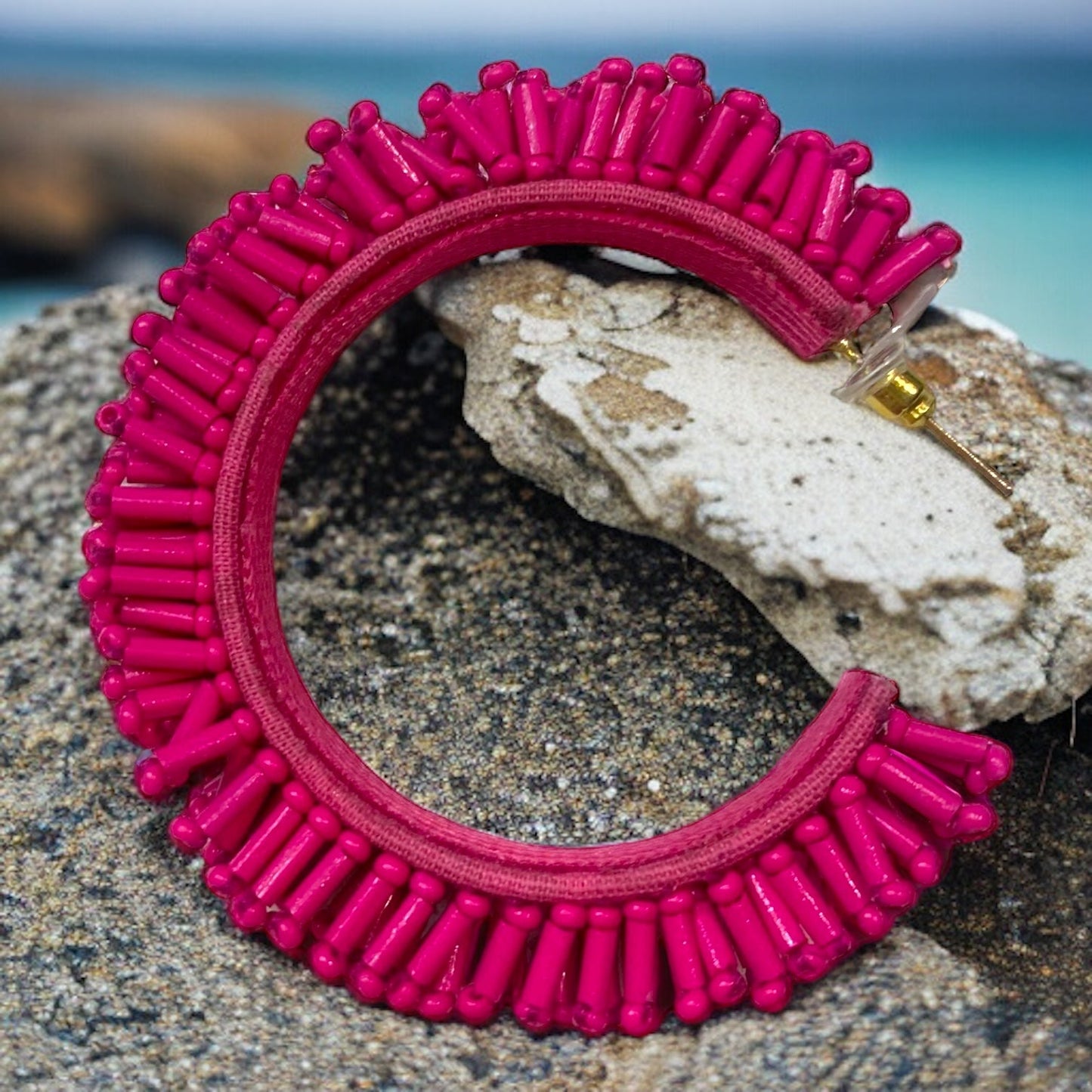 Frou Frou Hot Pink Beaded Hoop Earrings-