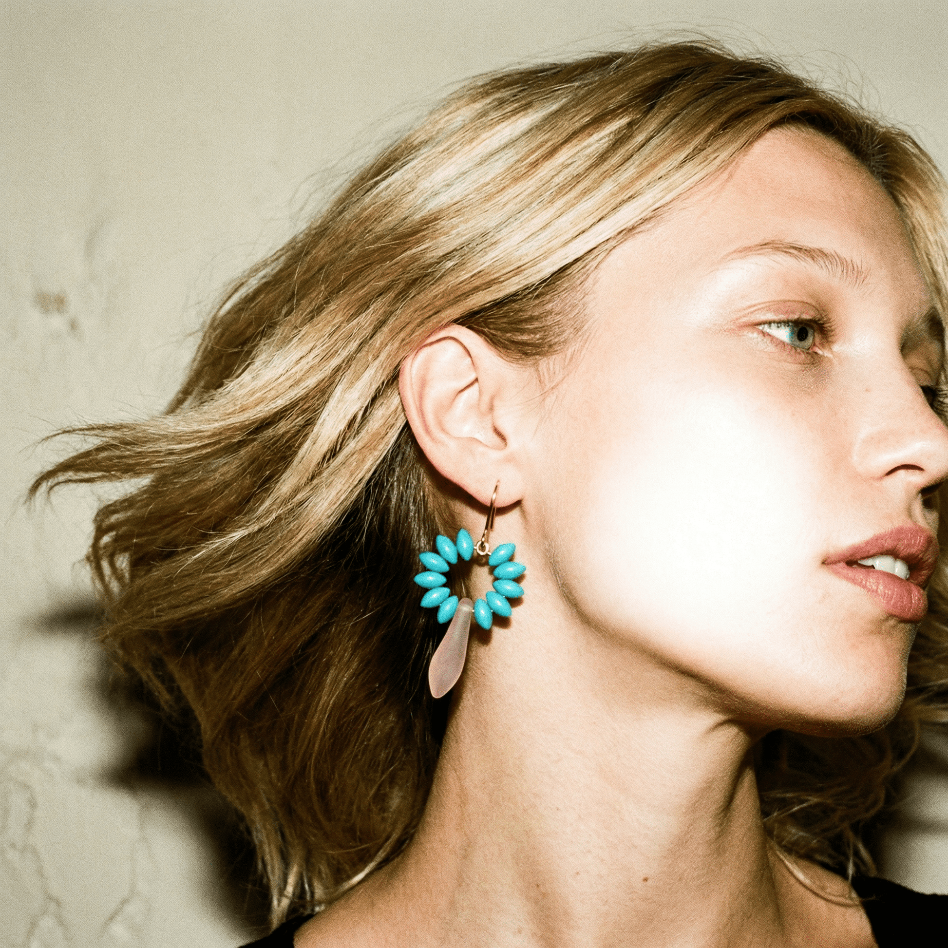 Hand Beaded Baby Blush, Blue and Gold Earrings - earrings