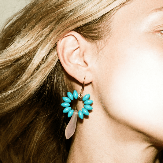 Hand Beaded Baby Blush, Blue and Gold Earrings - earrings