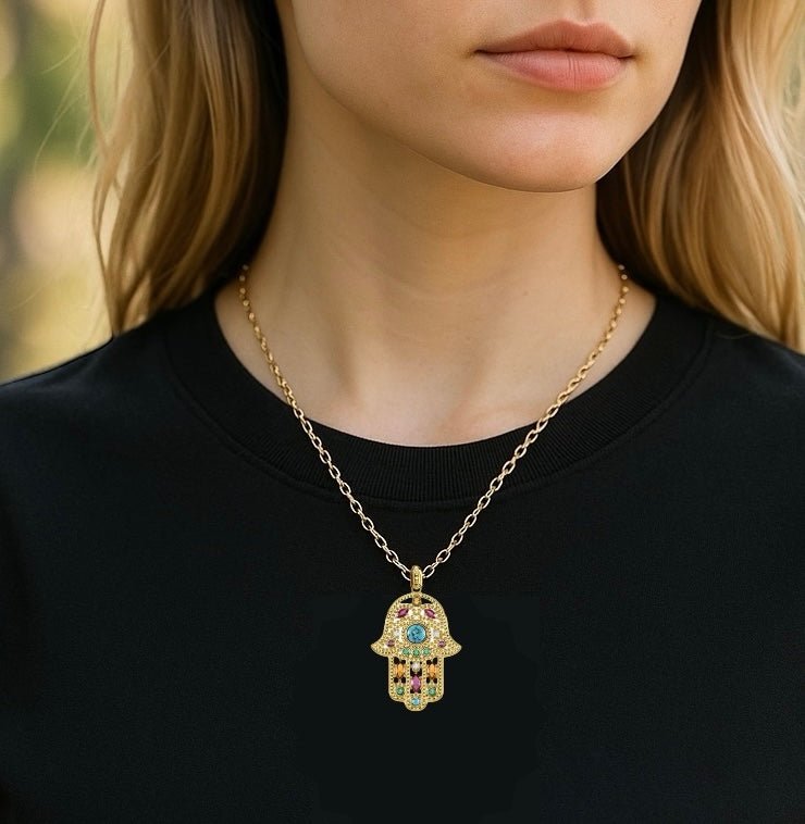 Hand of Fatima Gold Multi Tarot Necklace - Necklace