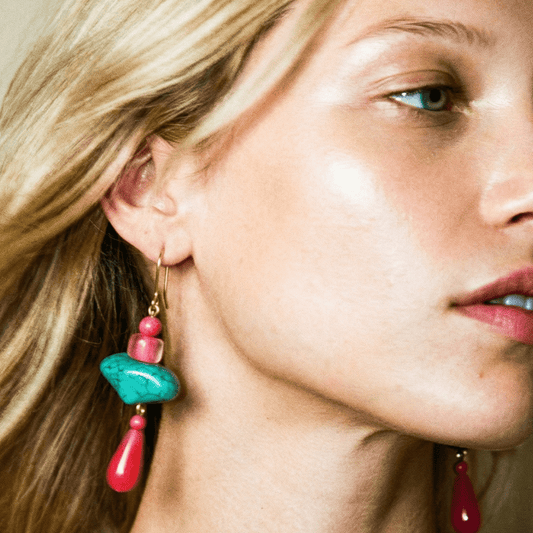 Hot Pink and Turquoise Gold Vintage Beads Earrings - earrings