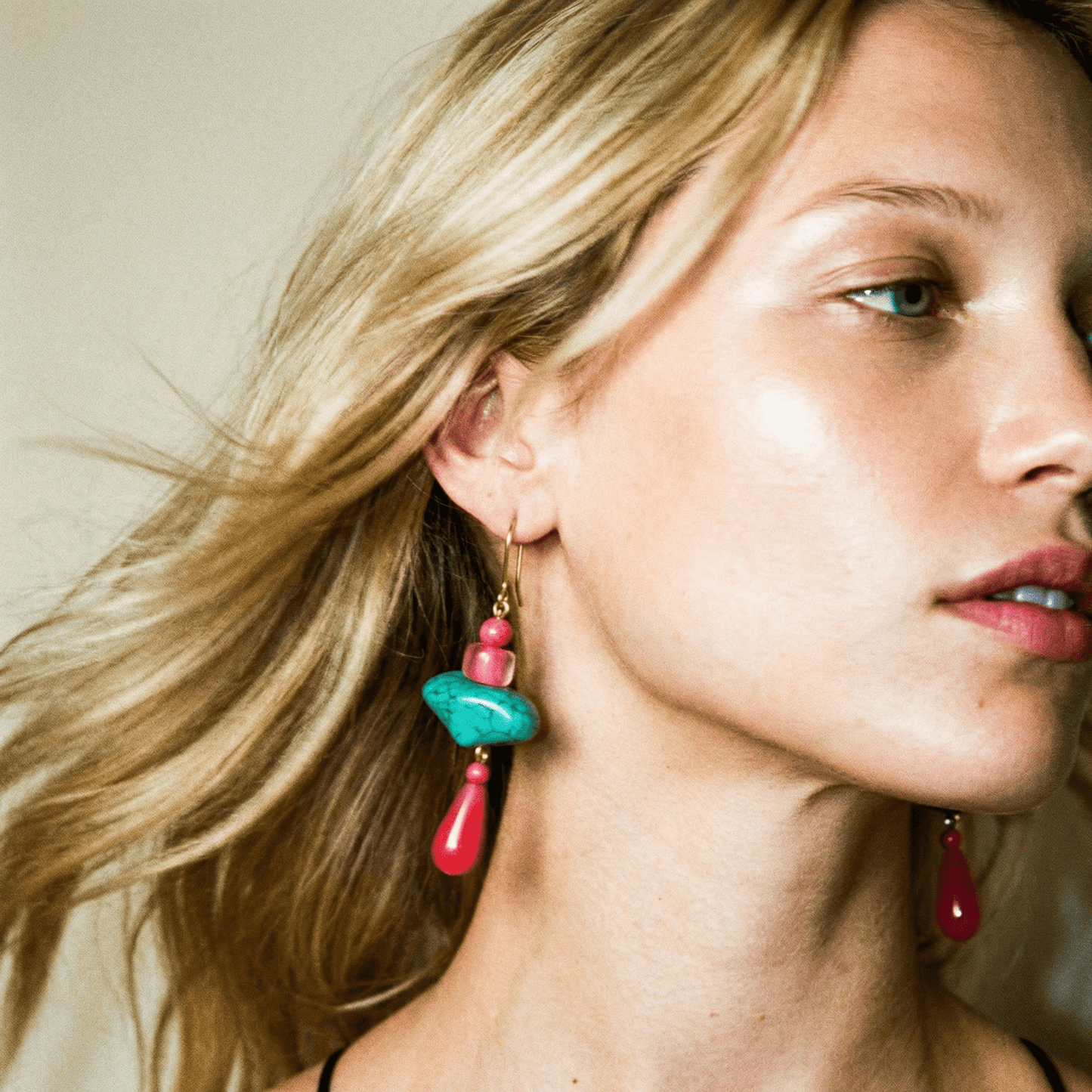 Hot Pink and Turquoise Gold Vintage Beads Earrings - earrings