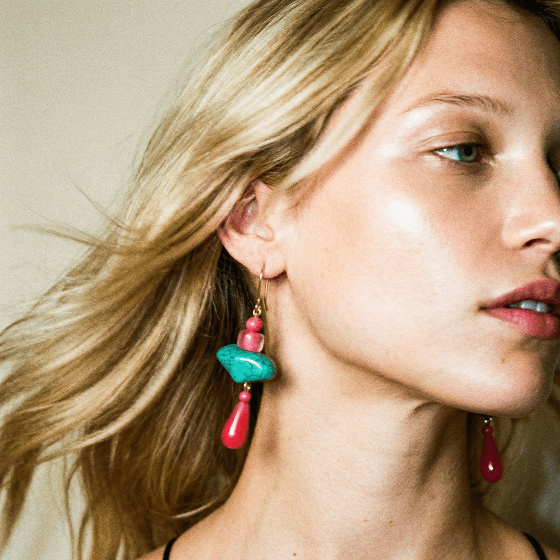 Hot Pink and Turquoise Gold Vintage Beads Earrings - earrings