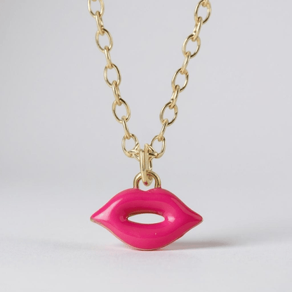 Kiss My Lips Gold Hot Pink Necklace - 