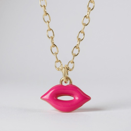 Kiss My Lips Gold Hot Pink Necklace - 