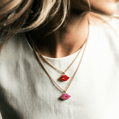 Kiss My Lips Gold Hot Pink Necklace - 