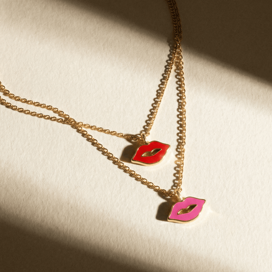 Kiss My Lips Gold Hot Pink Necklace - 