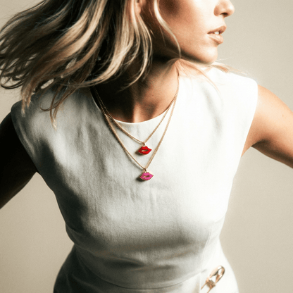 Kiss My Lips Gold Hot Pink Necklace - 