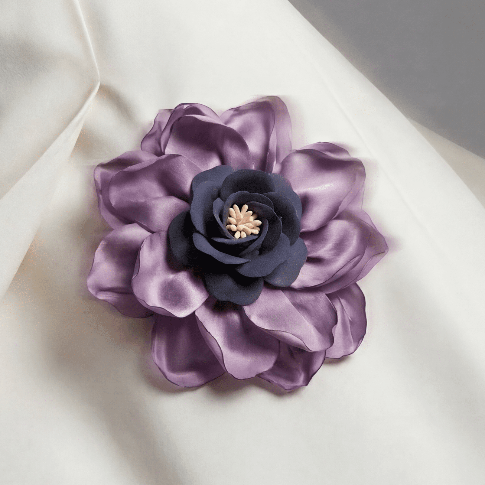 Mauve Satin and Dusty Blue Floral Brooch - Brooch