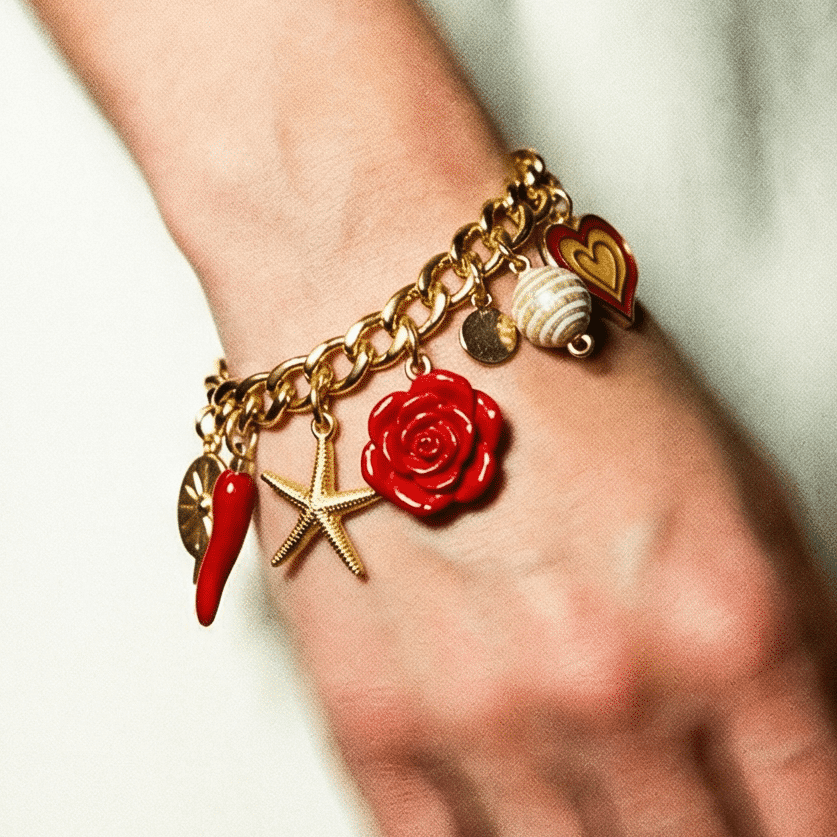 Orna Signature Vintage Gold Red Charm Bracelet - Bracelet