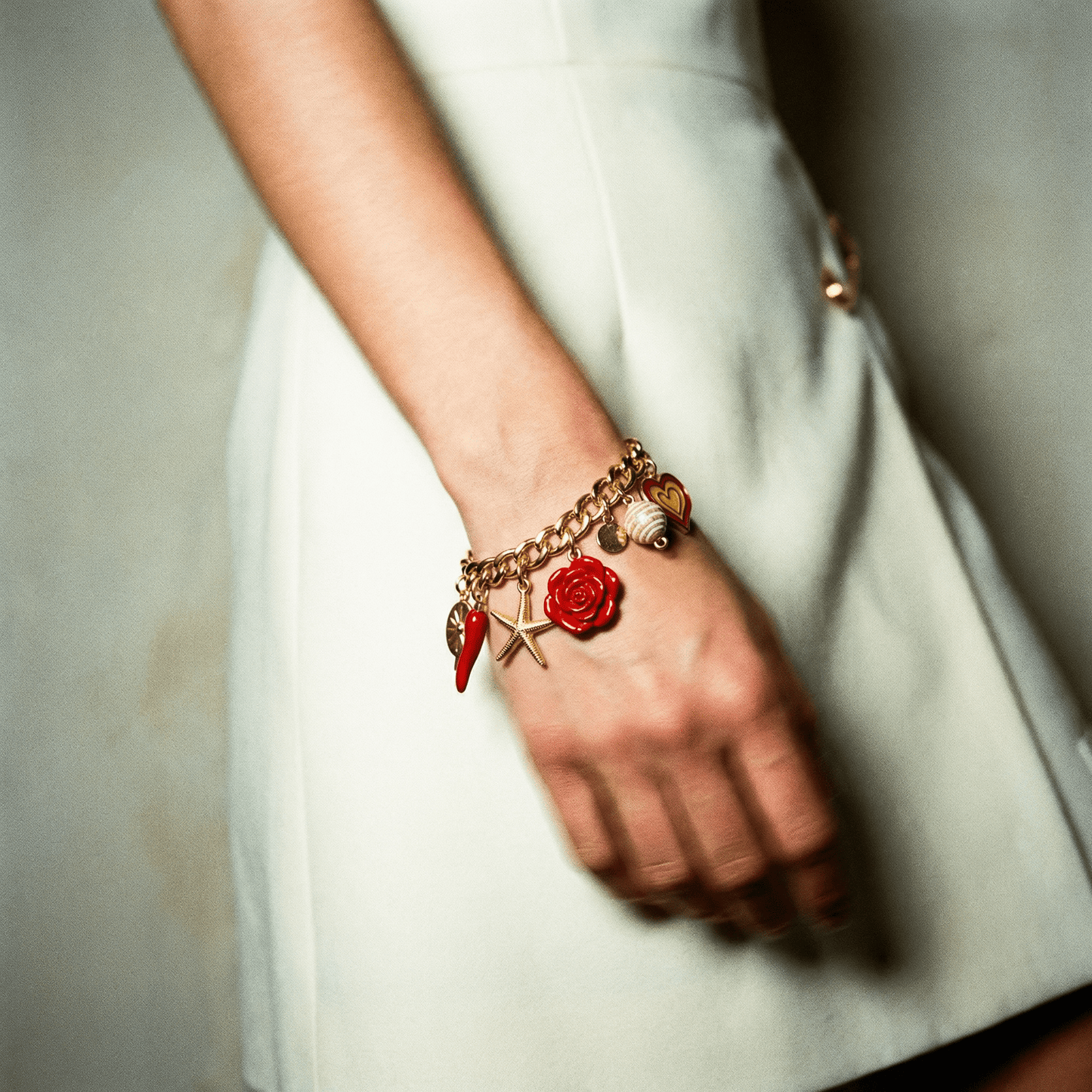 Orna Signature Vintage Gold Red Charm Bracelet - Bracelet