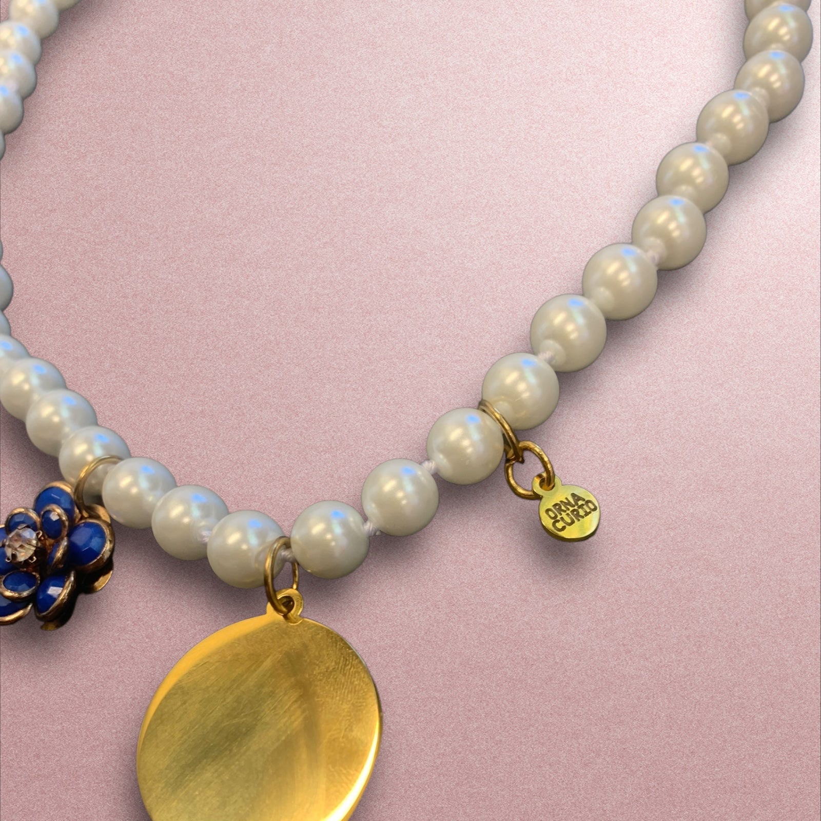 Pearl, Gold and Blue Vintage Statement Charm Necklace-Necklace
