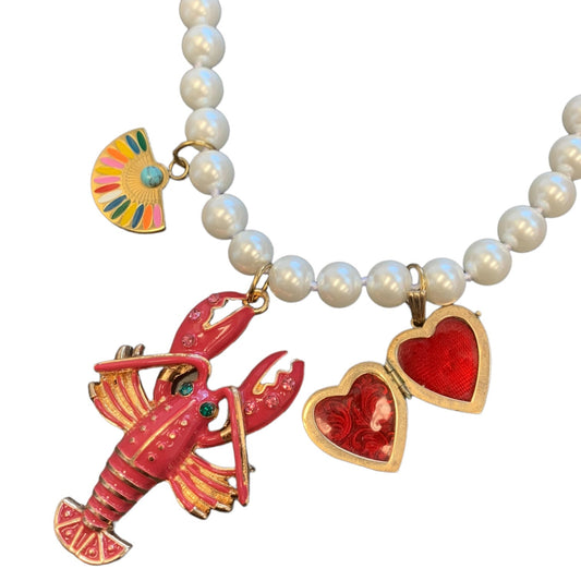 Pearl Gold Heart and Lobster Vintage Statement Charm Necklace-Necklace