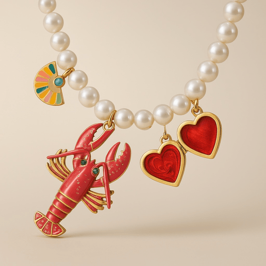 Pearl Gold Heart and Lobster Vintage Statement Charm Necklace - Necklace