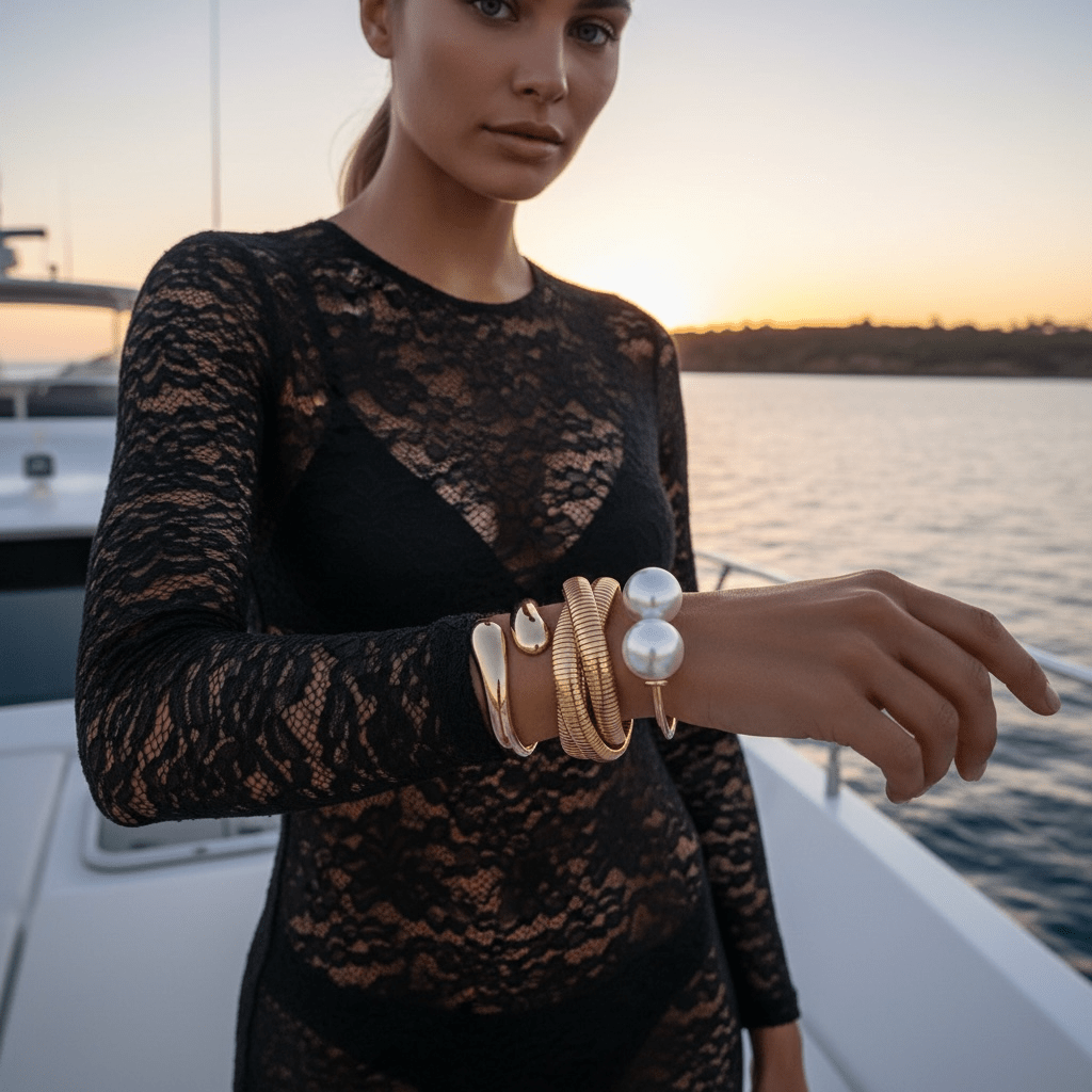 Pearl Gold Statement Bangle - Bracelet