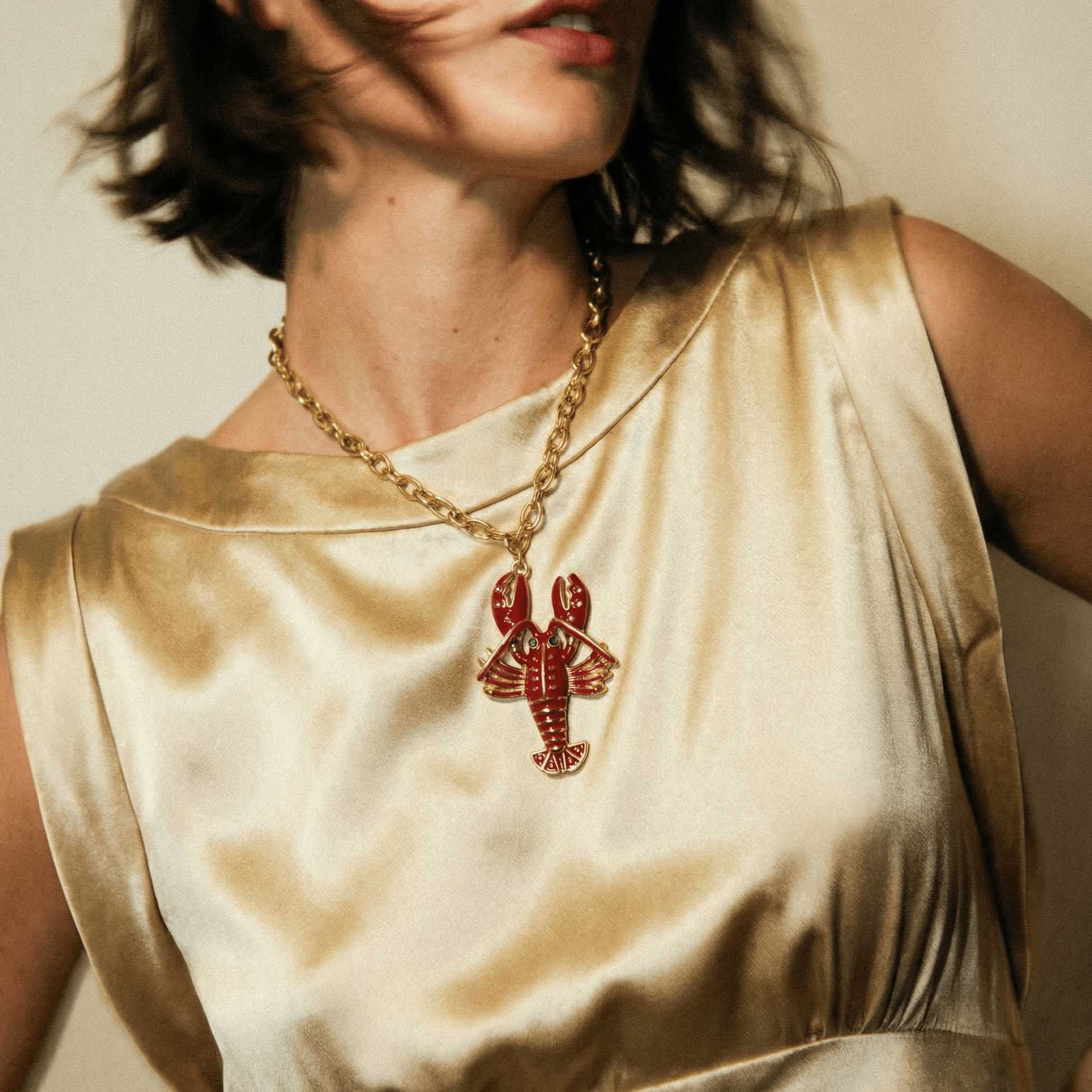 Rock Lobster Pink Enamel Gold Necklace - 