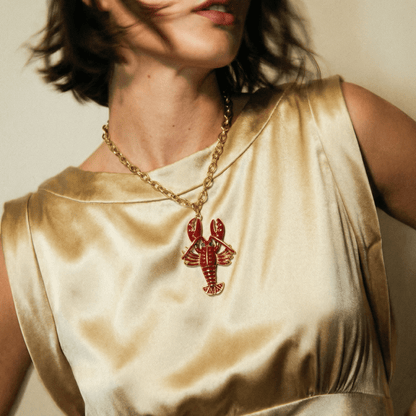 Rock Lobster Pink Enamel Gold Necklace - 