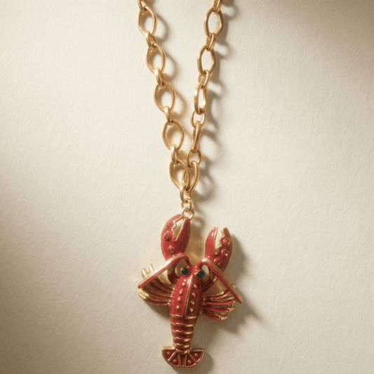 Rock Lobster Pink Enamel Gold Necklace - 