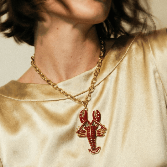 Rock Lobster Pink Enamel Gold Necklace - 