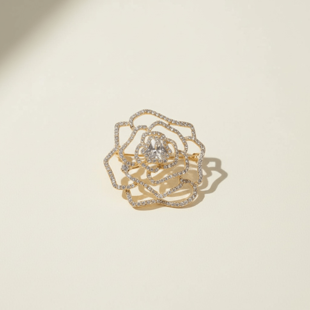 Rosa Gold and Diamante Brooch - Brooch