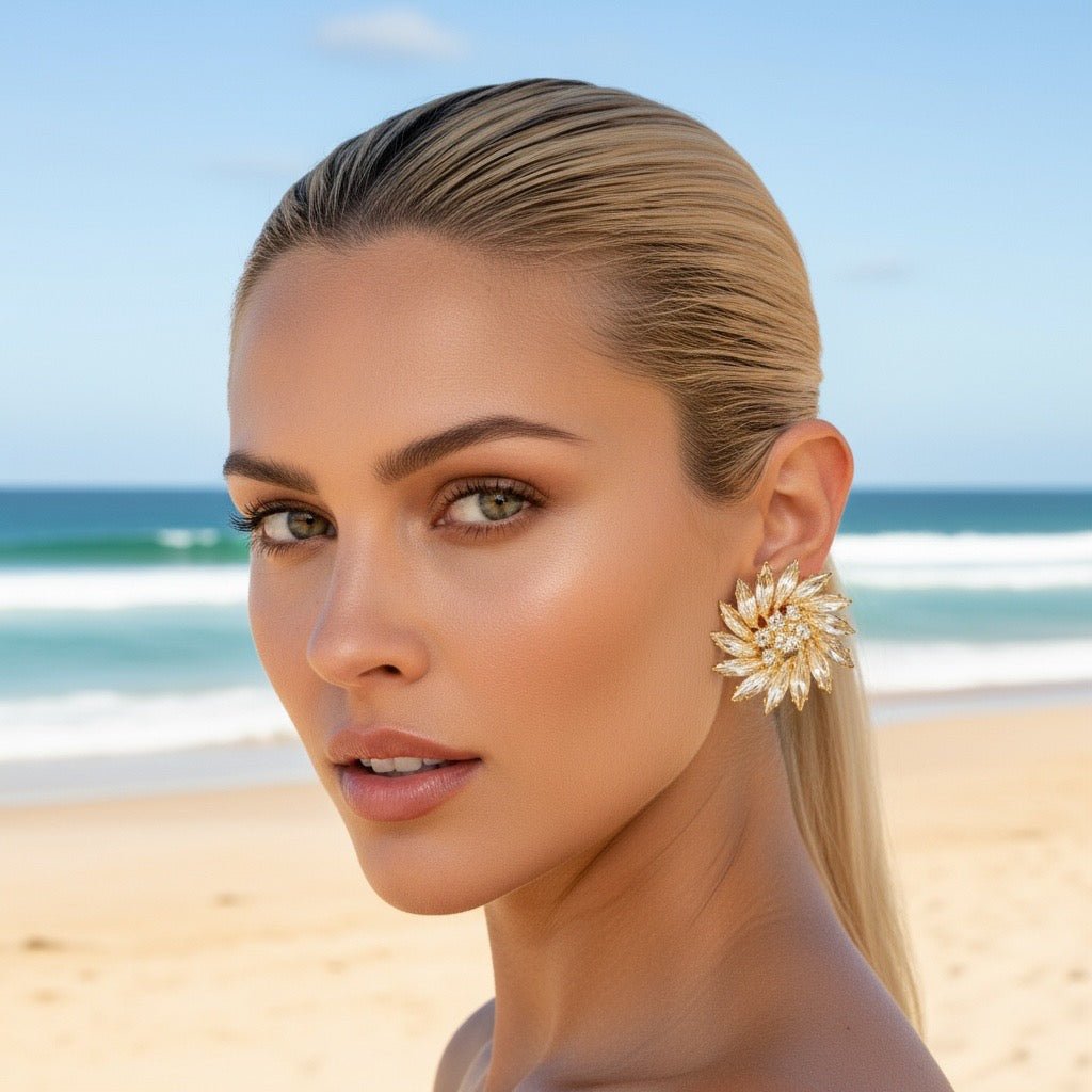 Show Stopper Rhinestone and Gold Clip On Earrings - earrings
