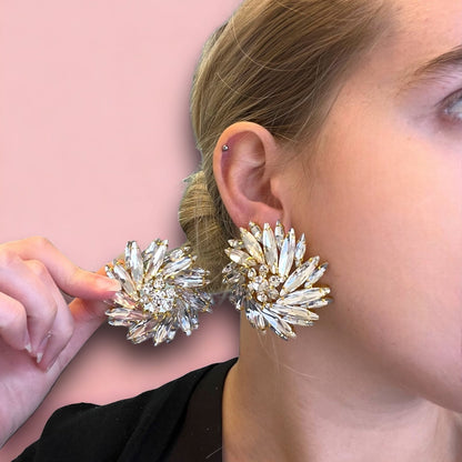 Show Stopper Rhinestone and Gold Clip On Earrings-earrings