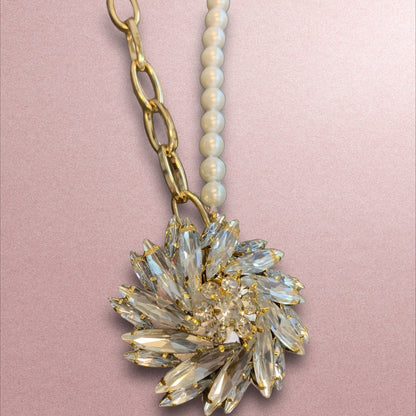 Show Stopper Rhinestone, Gold and Pearl Statement Necklace-Necklace