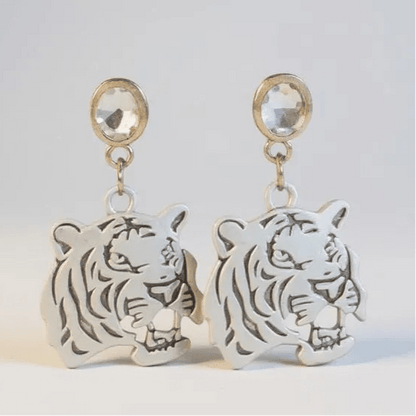 Tiger Head and Crystal Silver Stud Drop Earrings - 