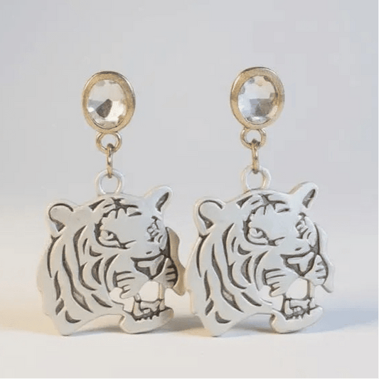 Tiger Head and Crystal Silver Stud Drop Earrings - 